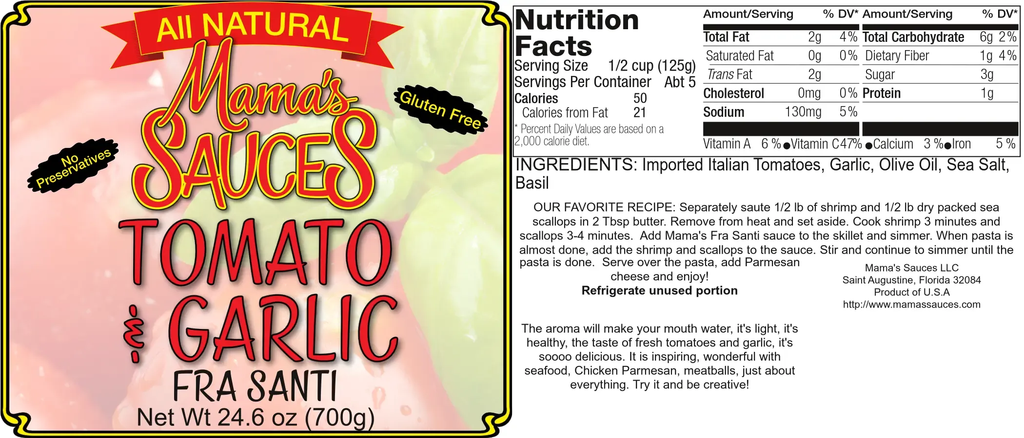Full Fra Santi label showing the front panel, nutrition facts, ingredients and recipe
