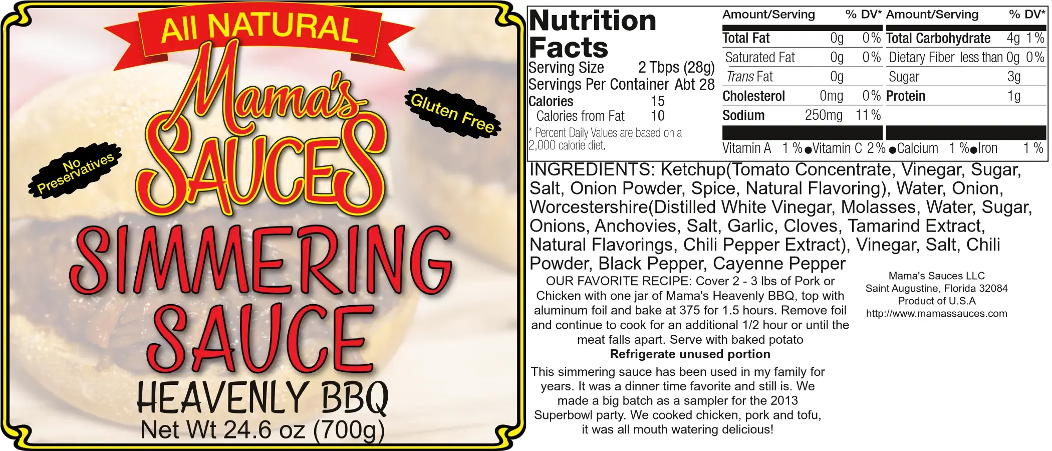 Full Heavenly BBQ label showing the front panel, nutrition facts, ingredients and recipe