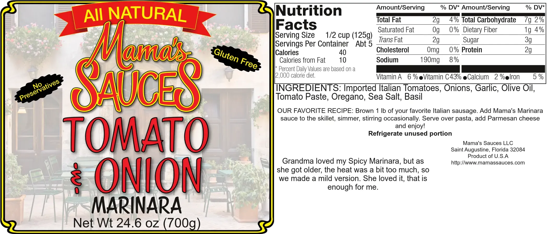 Full Marinara label showing the front panel, nutrition facts, ingredients and recipe