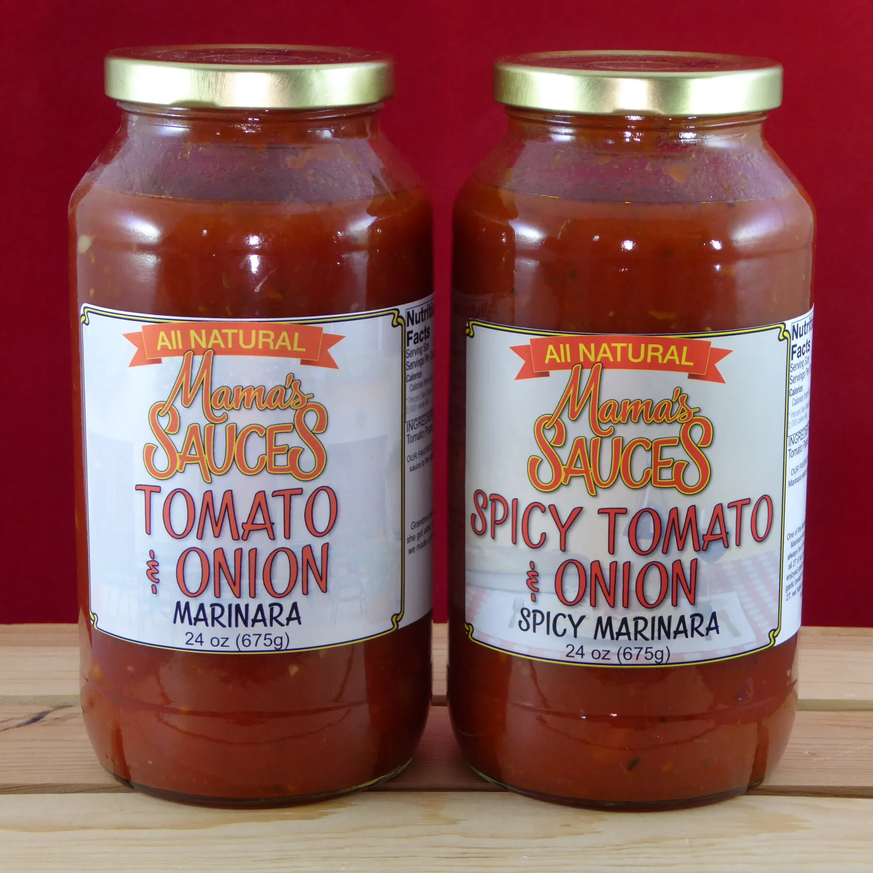 Jars of Mama's Marinara and Spicy Marinara side by side