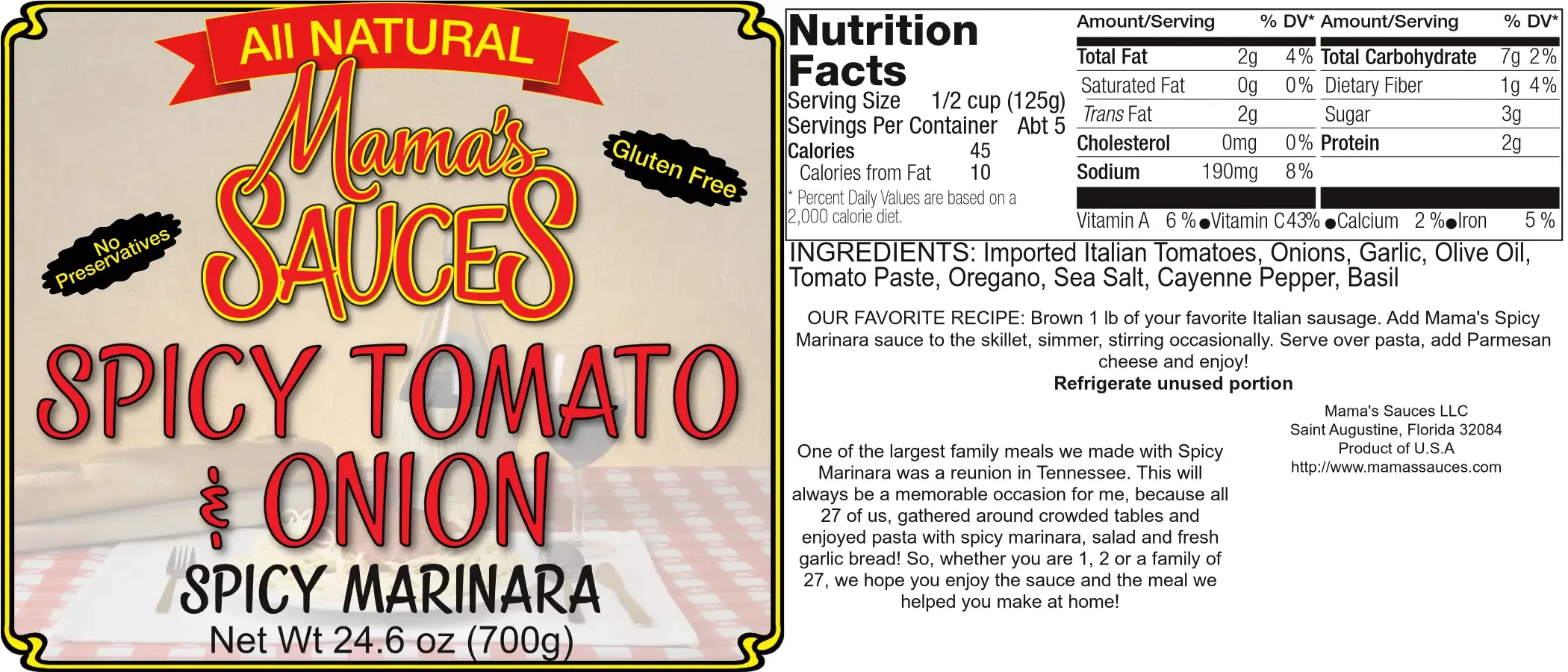 Full Spicy Marinara label showing the front panel, nutrition facts, ingredients and recipe
